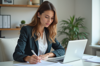 Jeune femme au bureau remplissant des formulaires