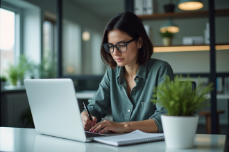 Femme d'affaires concentrée sur son ordinateur dans un bureau moderne