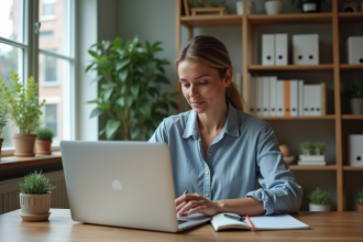 Femme d'une quarantaine assise à son bureau moderne