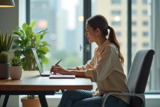 Femme en bureau moderne travaillant sur son ordinateur
