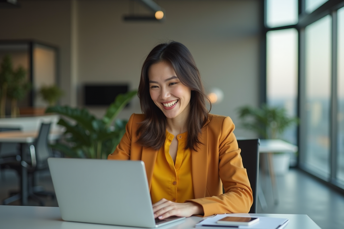 Femme souriante au bureau explore une boutique en ligne