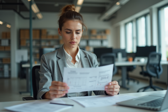 Femme en tenue professionnelle réfléchissant à son emploi du temps