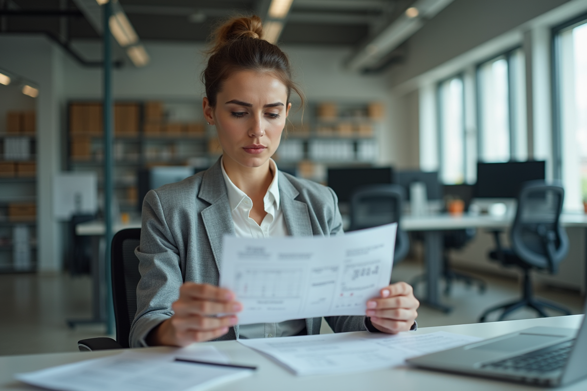 Femme en tenue professionnelle réfléchissant à son emploi du temps