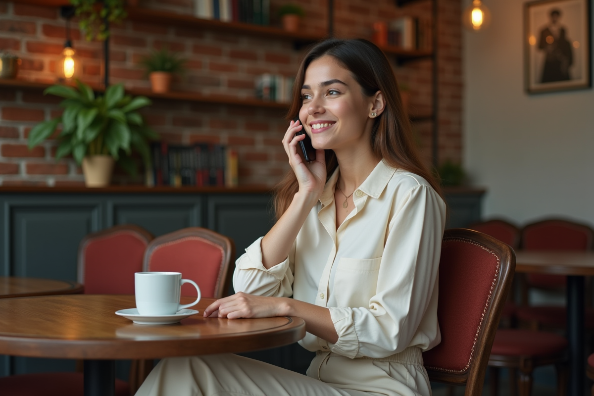 Jeune femme au café parlant au smartphone