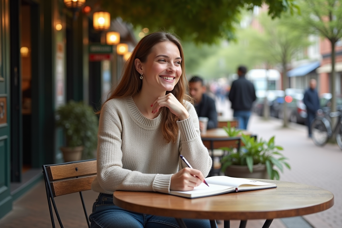 Jeune femme au café en terrasse urbaine en plein air