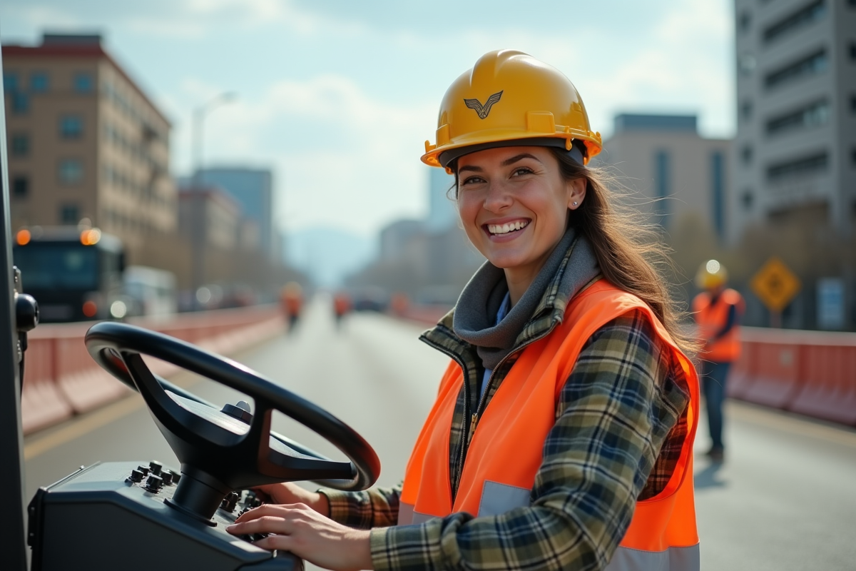 Femme souriante contrôlant un panneau sur un chantier