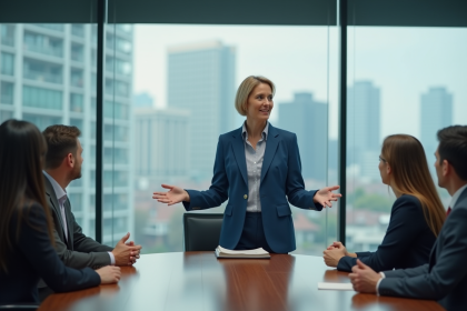 Femme professionnelle en blazer bleu lors d'une réunion