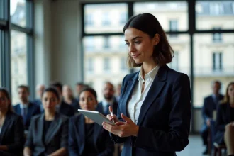 Femme professionnelle prenant des notes lors d'une conférence de formation digitale à Paris avec vue sur l'architecture haussmannienne