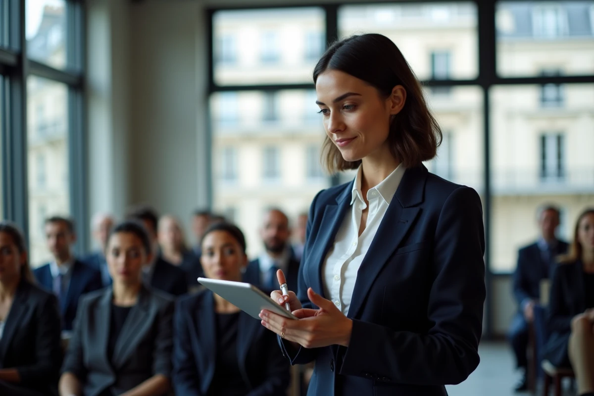 Femme professionnelle prenant des notes lors d'une conférence de formation digitale à Paris avec vue sur l'architecture haussmannienne