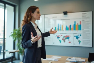 Femme confiante en blazer dans un bureau moderne