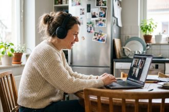 Femme concentrée en cours en ligne à la maison