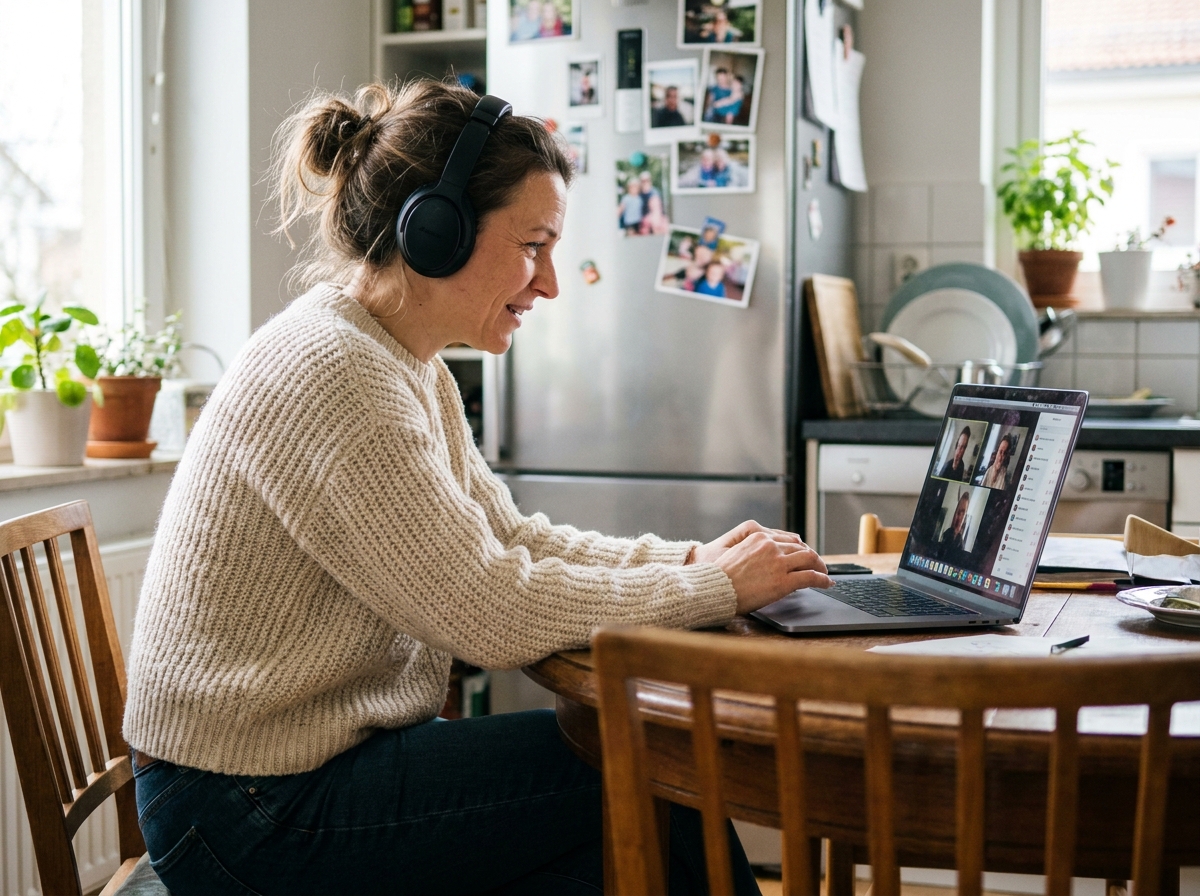 Femme concentrée en cours en ligne à la maison