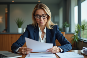 Femme en costume professionnel examine un diplôme dans un bureau moderne