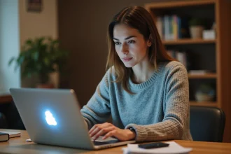 Femme face à une erreur de connexion sur son ordinateur portable dans un bureau à domicile moderne