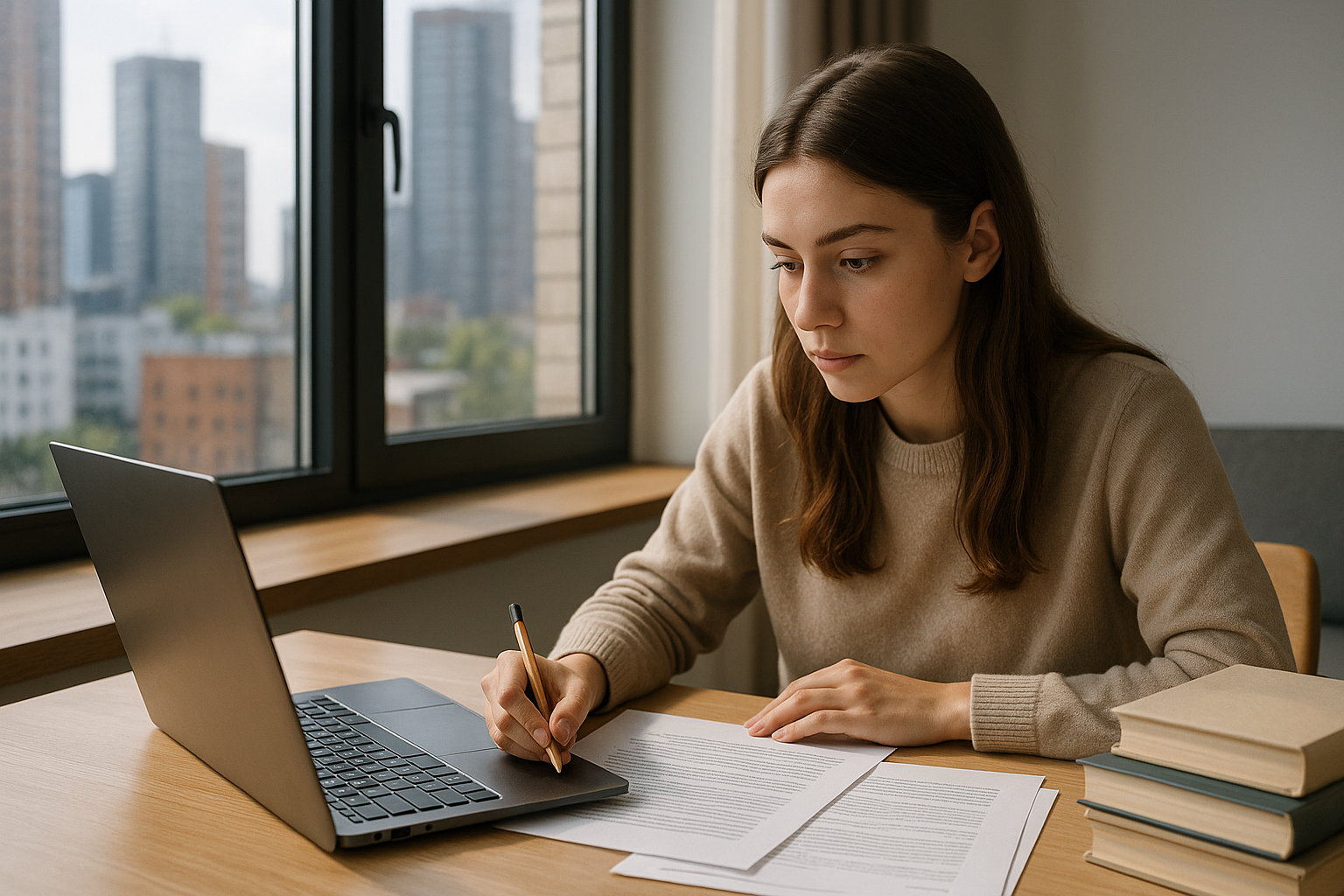 Jeune femme étudie en ligne à la maison dans un bureau lumineux
