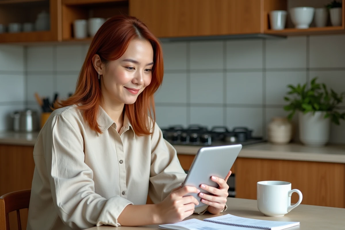 Femme consultant une plateforme de formation bricolage financée par le CPF sur une tablette à la maison