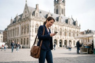 Femme d'âge moyen marchant devant l'hôtel de ville de Douai