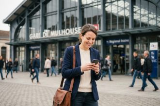 Femme en smartcasual à Mulhouse vérifiant son téléphone