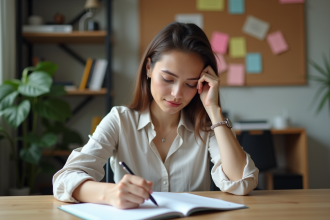 Femme concentrée écrivant ses objectifs dans un bureau moderne