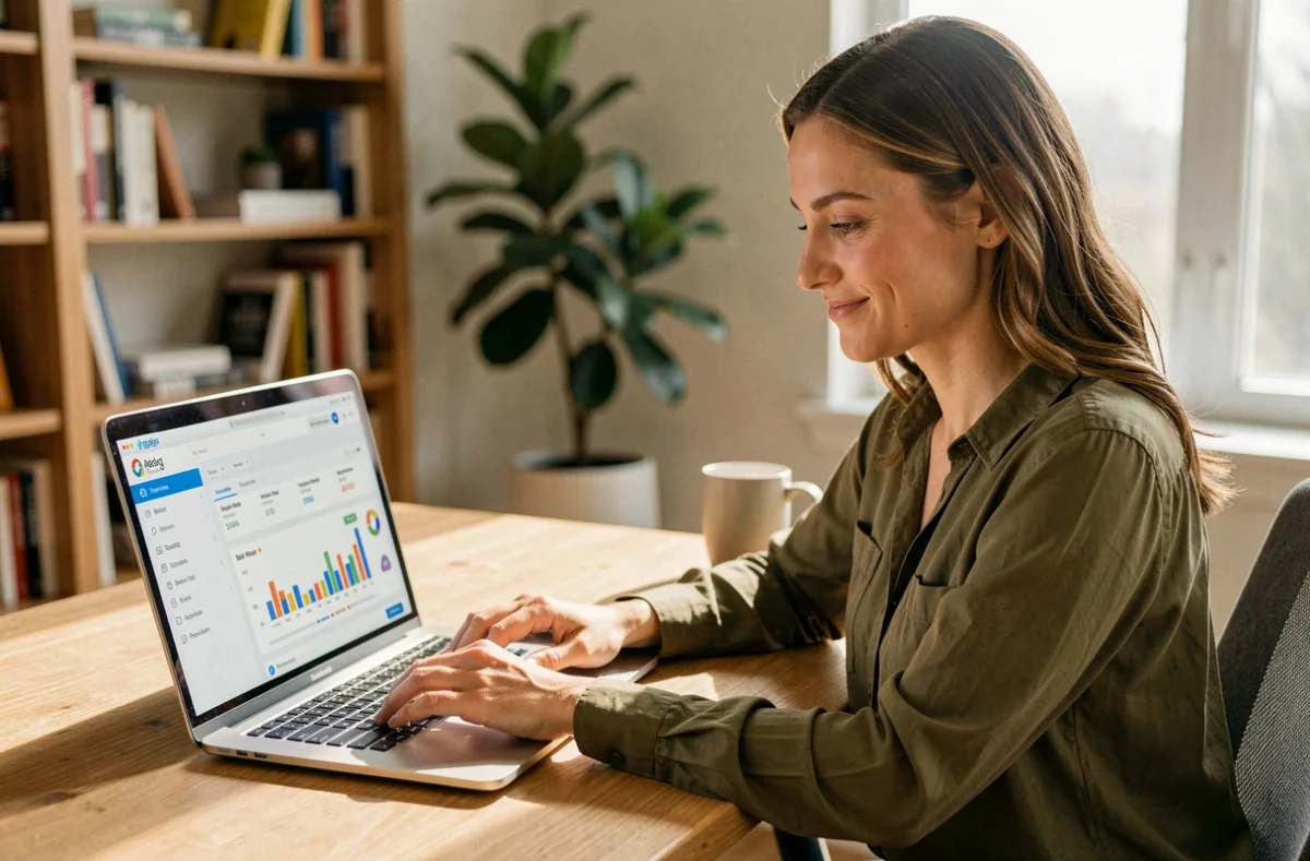 Femme utilisant un outil d'emailing sur ordinateur portable pour optimiser son taux d'ouverture de campagne marketing