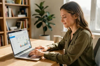 Femme utilisant un outil d'emailing sur ordinateur portable pour optimiser son taux d'ouverture de campagne marketing