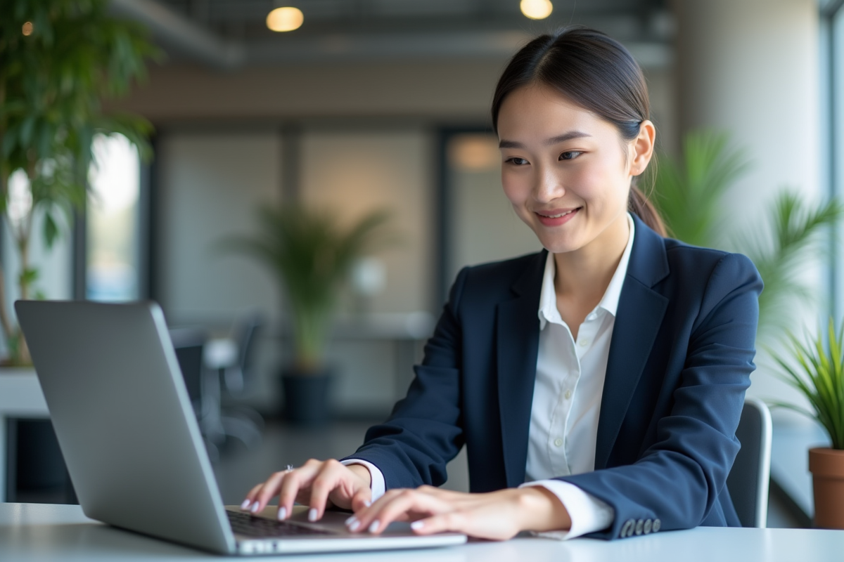 Jeune femme d'affaires analysant des tableaux de bord