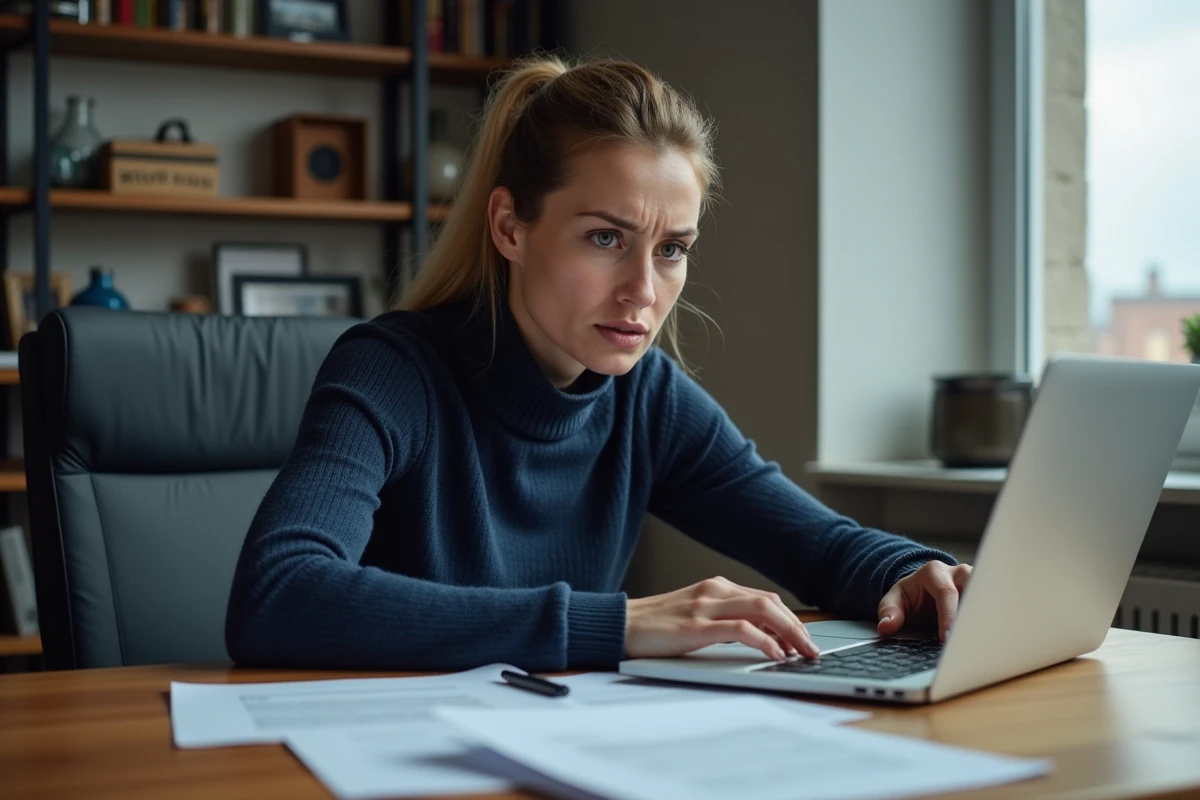 Femme cherchant un document urgent pour son inscription à Pôle emploi sur son ordinateur portable à domicile