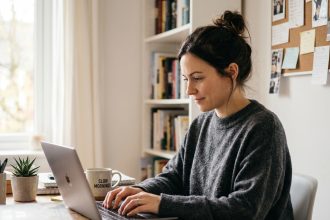 Femme travaillant depuis chez elle sur un ordinateur portable dans un bureau à domicile bien organisé