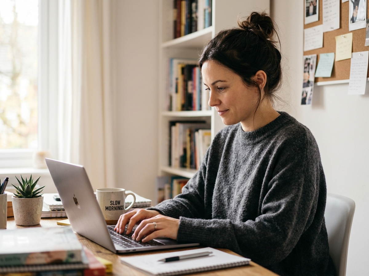 Femme travaillant depuis chez elle sur un ordinateur portable dans un bureau à domicile bien organisé
