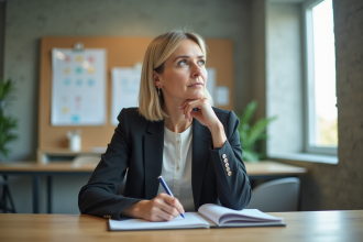 Femme réfléchie au bureau moderne en tenue smartcasual