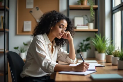 Femme confiante écrivant dans un bureau moderne
