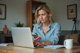 Femme d'âge moyen au bureau à domicile en pleine réflexion