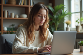 Jeune femme concentrée sur son ordinateur à la maison