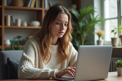 Jeune femme concentrée sur son ordinateur à la maison