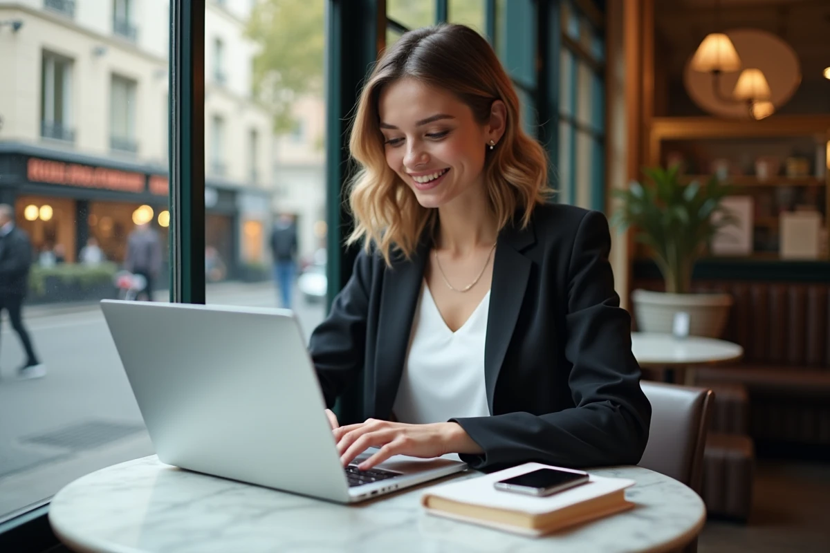 Jeune femme travaillant sur un projet marketing dans un café parisien
