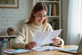 Jeune femme en train d'étudier la grammaire française à son bureau