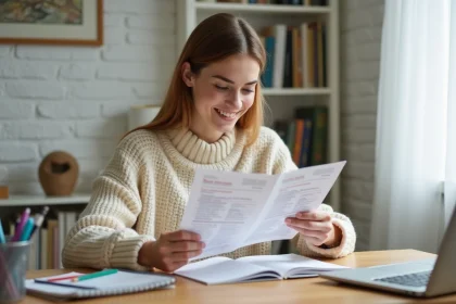Jeune femme en train d'étudier la grammaire française à son bureau