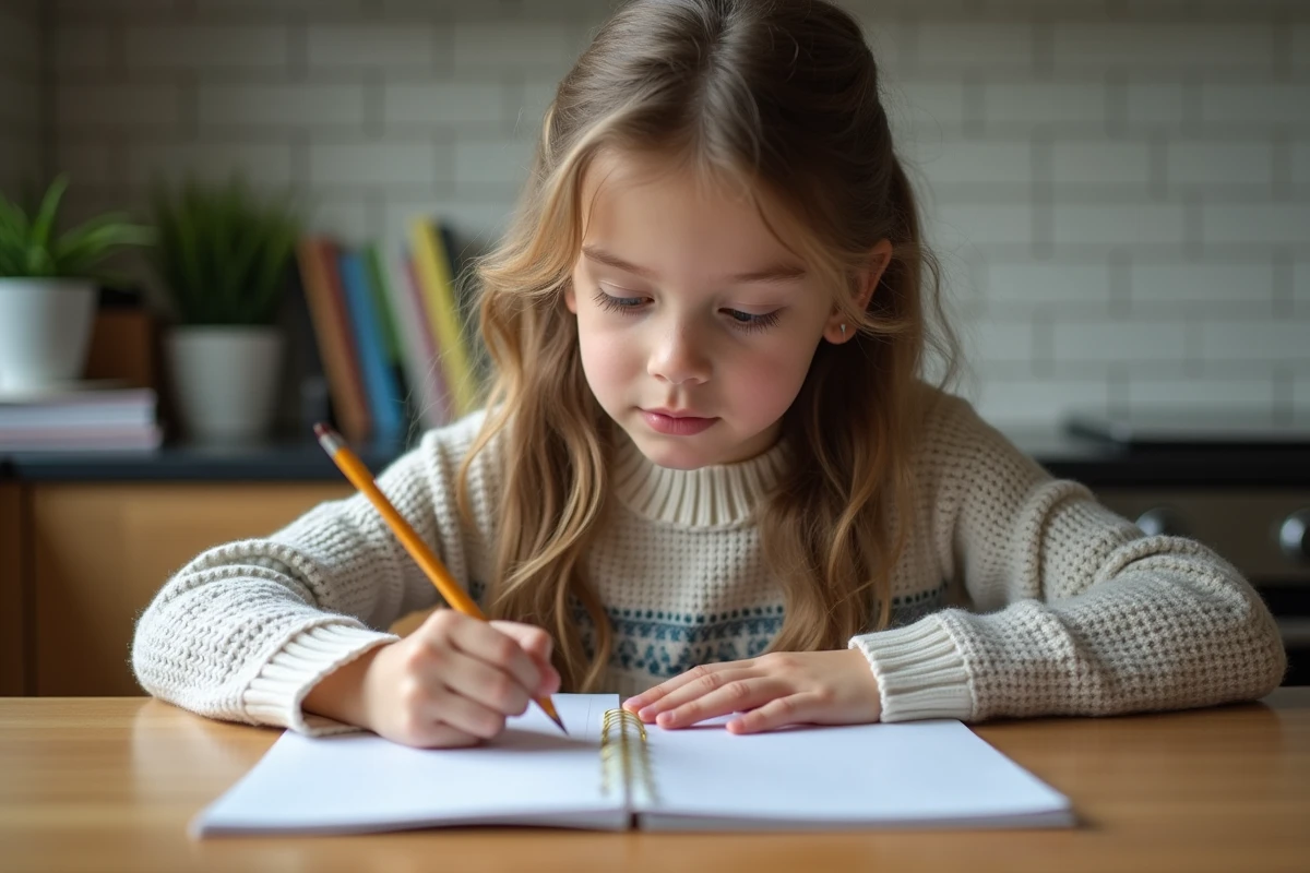 Fille en sweater écrivant à la maison dans la cuisine
