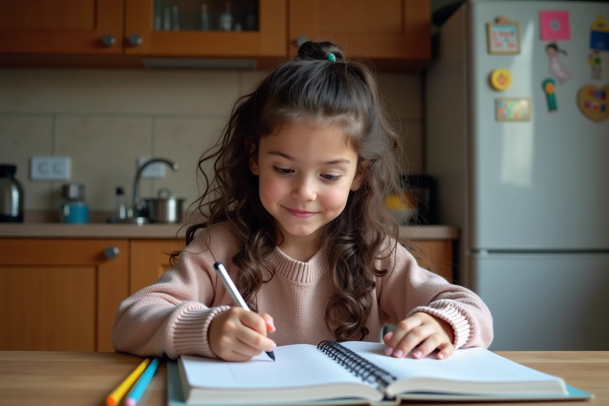 Fille de 12 ans à la maison organise son cahier scolaire