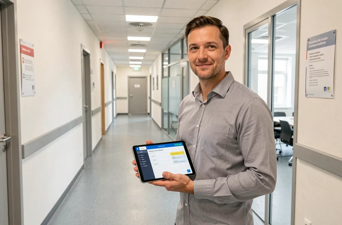 Fonctionnaire de l'académie Aix Marseille consultant le portail Esterel sur une tablette dans un couloir administratif