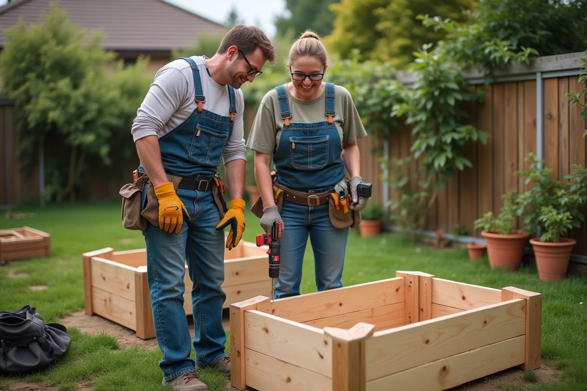 Couple de bricoleurs débutants fiers devant un carré potager en bois réussi dans le jardin, résultat d'une formation Bricoludik sans erreurs de montage