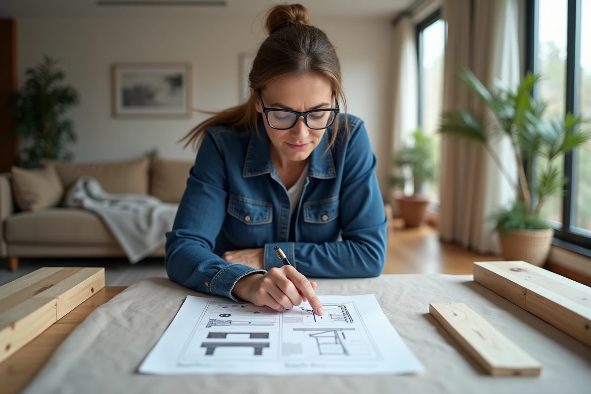 Femme débutante en bricolage lisant une notice de montage de meuble en appartement, apprentissage méthode Bricoludik pour éviter les erreurs