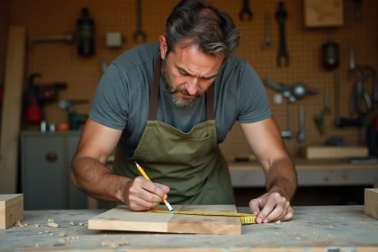 Homme apprenant le bricolage mesurant une planche en bois dans un atelier garage, erreur de débutant évitée grâce à la méthode Bricoludik