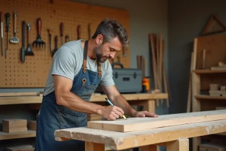 Homme en tablier de bricolage mesurant une planche en bois dans un atelier home organisé, illustrant une formation bricolage CPF éligible