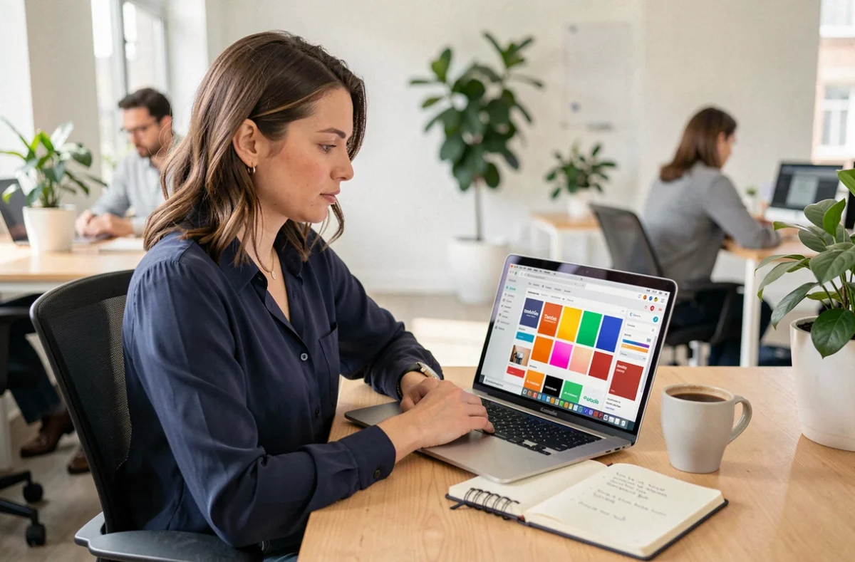 Femme apprenant à créer une identité visuelle cohérente sur Canva lors d'une formation CPF dans un espace de coworking moderne