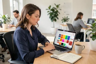 Femme apprenant à créer une identité visuelle cohérente sur Canva lors d'une formation CPF dans un espace de coworking moderne