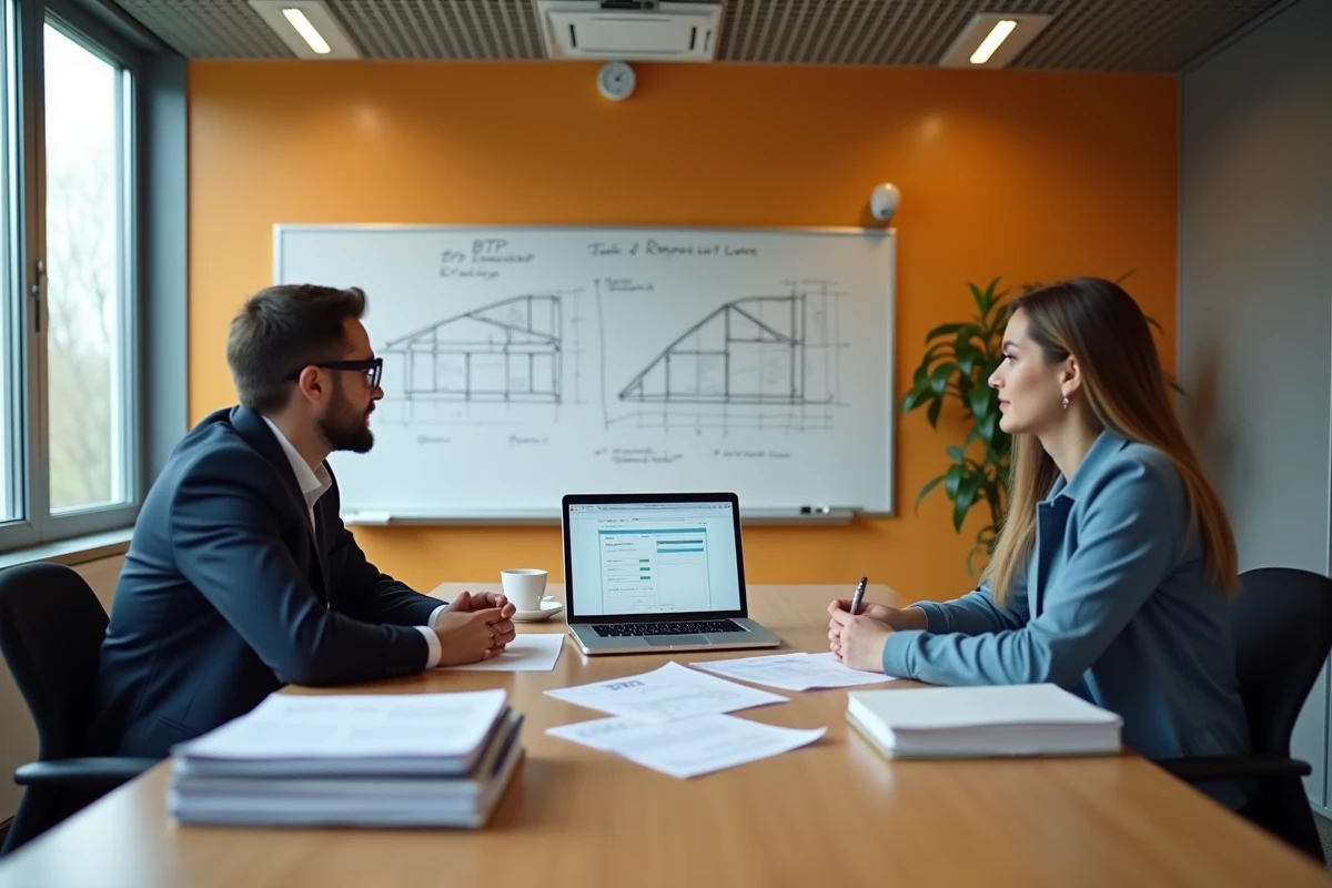Deux stagiaires en formation BTP consultant des supports de certification professionnelle dans une salle de cours