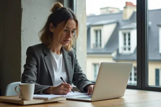 Femme en formation digitale intensive à Paris dans un espace de coworking moderne, prenant des notes devant un ordinateur portable