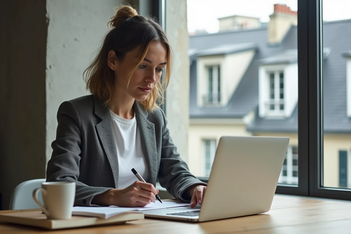 Femme en formation digitale intensive à Paris dans un espace de coworking moderne, prenant des notes devant un ordinateur portable