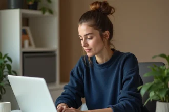 Femme suivant une formation en ligne Ora Vendis depuis son bureau à domicile avec un ordinateur portable et des notes manuscrites